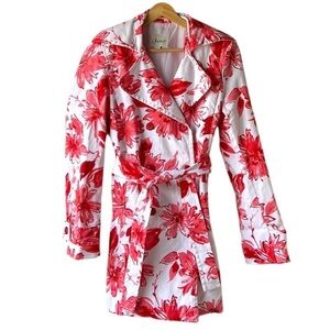 JESSICA White and Red Floral Double Breasted Trench Coat Size Small